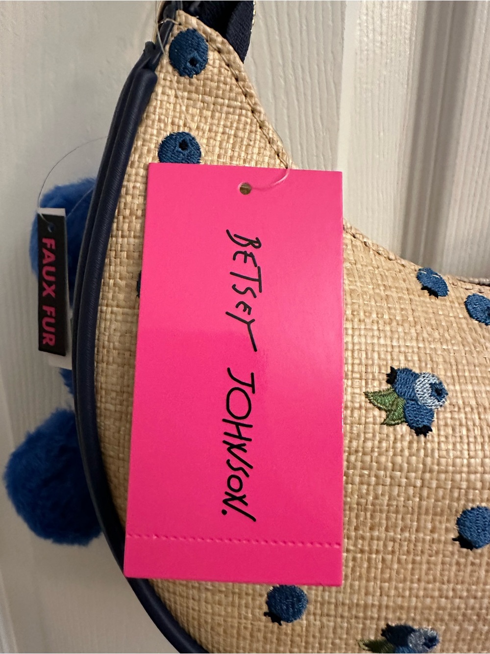 Betsey Johnson Navy Trim Straw Shoulder Bag with a Blue Pom Pom Charm - Picture 15 of 16